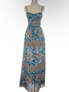 Xhilaration Teal Paisley & Geometric BOHO Midi Dress